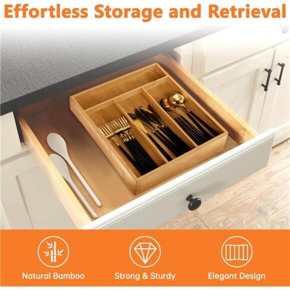 Bamboo drawer organizer silverware tray utensil holder cutlery storage divider - Picture 3 of 7